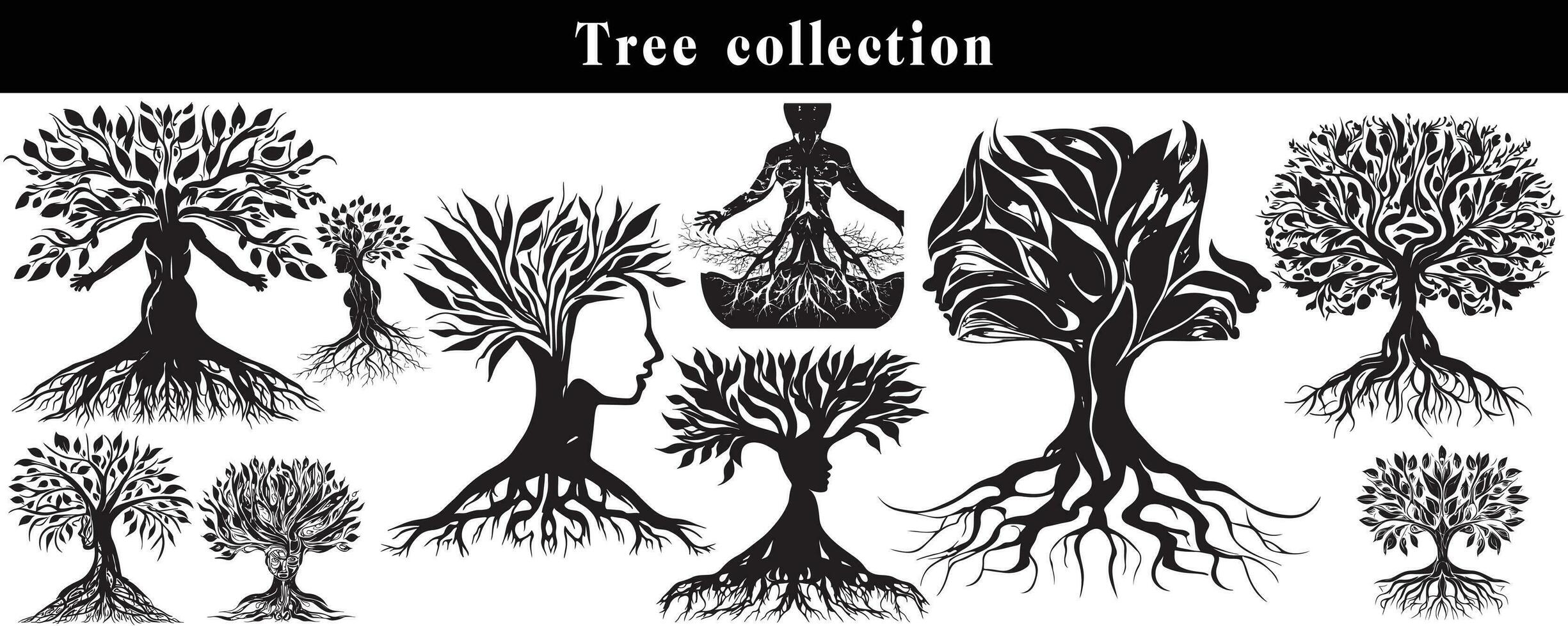 set of silhouettes of trees. black and white tree vector set. tree silhouette set on white background.