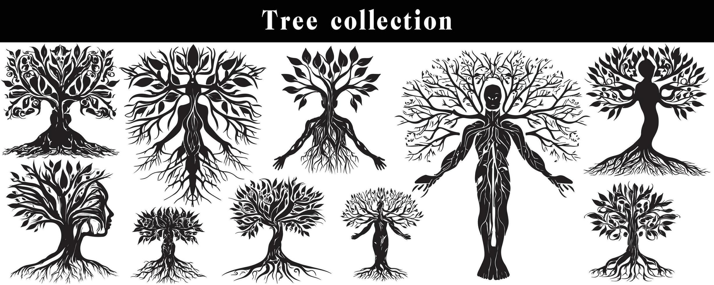 conjunto de siluetas de arboles negro y blanco árbol vector colocar. árbol silueta conjunto en blanco antecedentes.