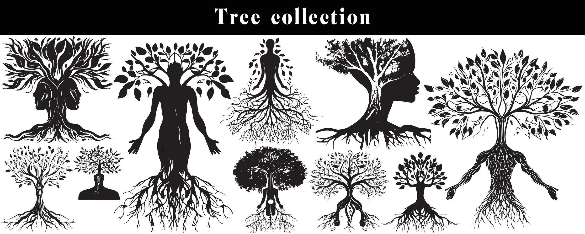 set of silhouettes of trees. black and white tree vector set. tree silhouette set on white background.