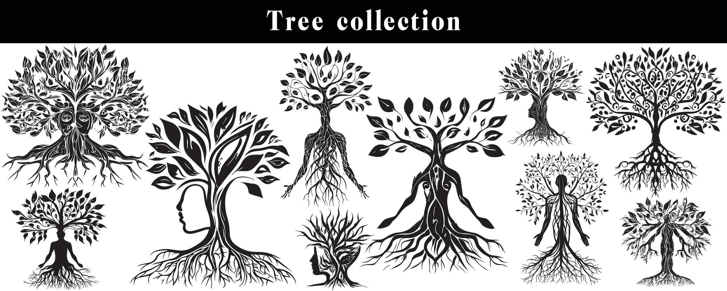 set of silhouettes of trees. black and white tree vector set. tree silhouette set on white background.