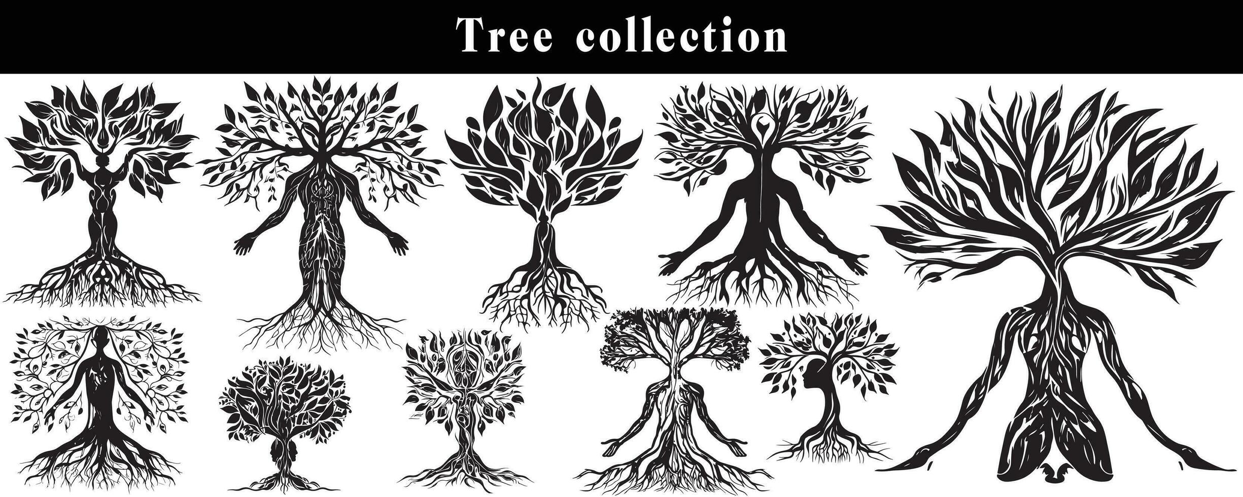 conjunto de siluetas de arboles negro y blanco árbol vector colocar. árbol silueta conjunto en blanco antecedentes.