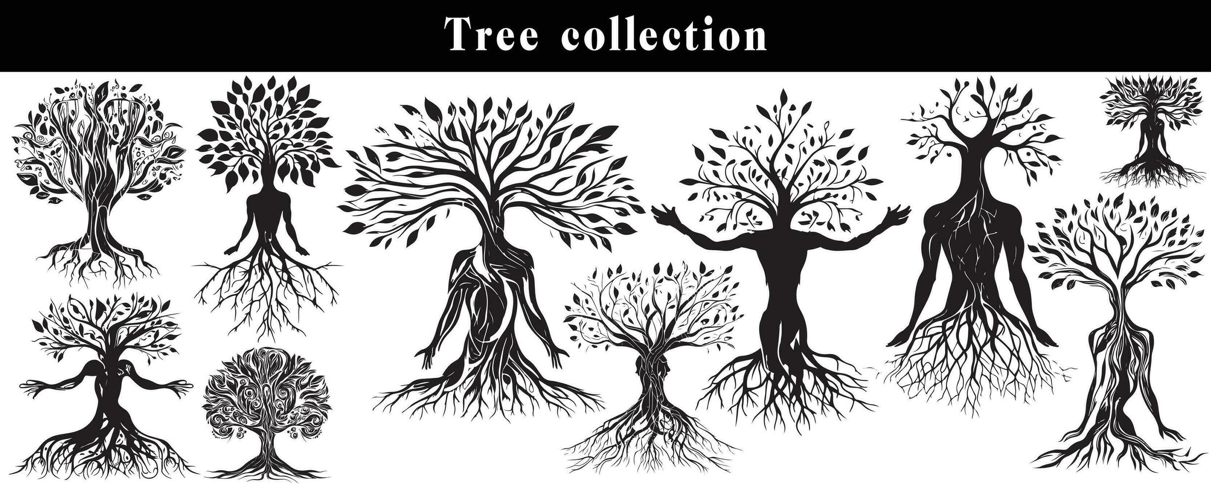 set of silhouettes of trees. black and white tree vector set. tree silhouette set on white background.