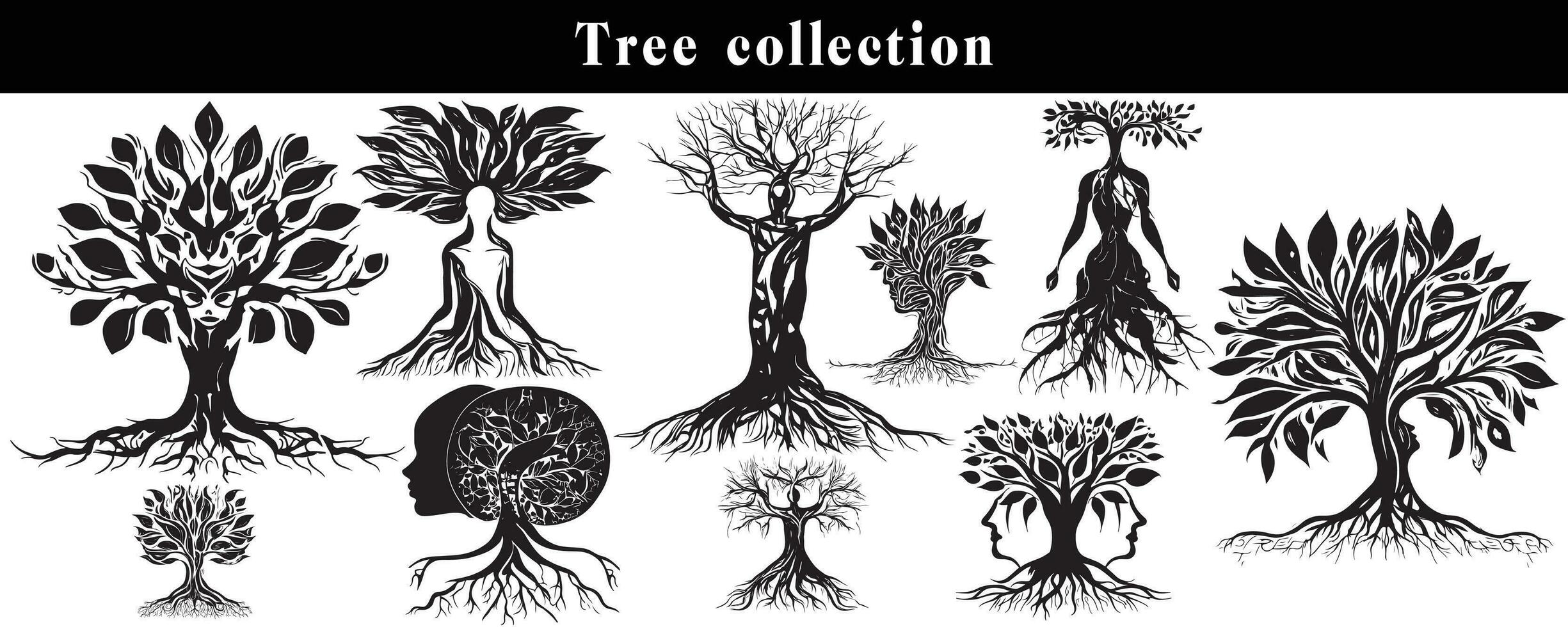 set of silhouettes of trees. black and white tree vector set. tree silhouette set on white background.
