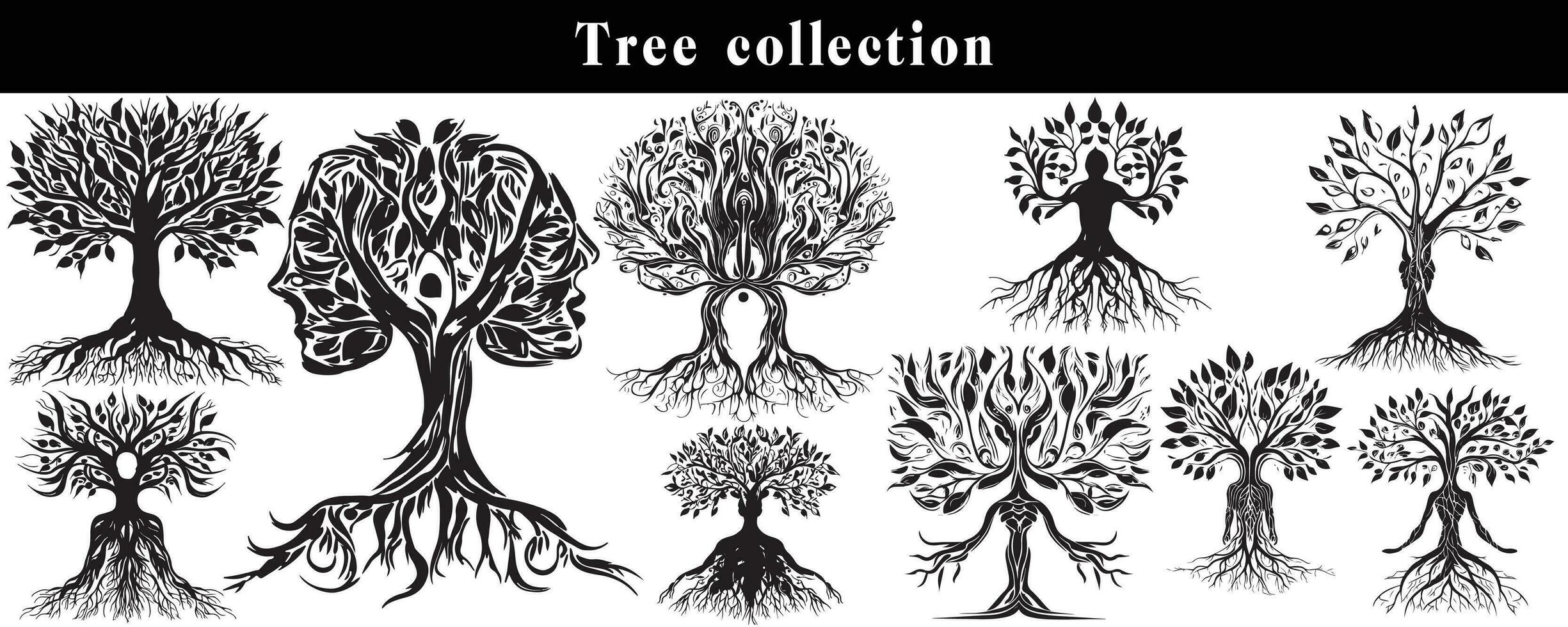 set of silhouettes of trees. black and white tree vector set. tree silhouette set on white background.