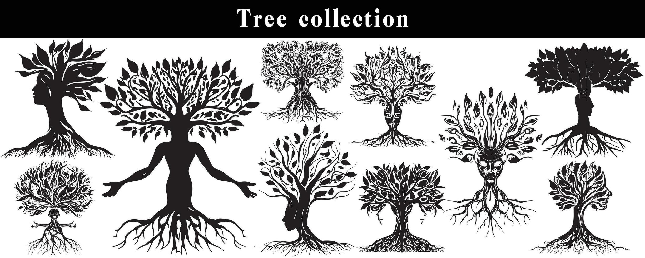 set of silhouettes of trees. black and white tree vector set. tree silhouette set on white background.