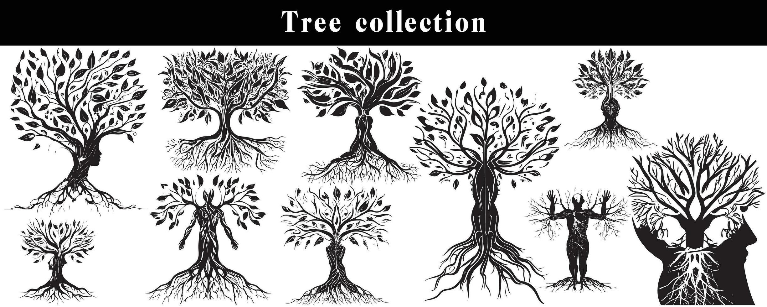 conjunto de siluetas de arboles negro y blanco árbol vector colocar. árbol silueta conjunto en blanco antecedentes.