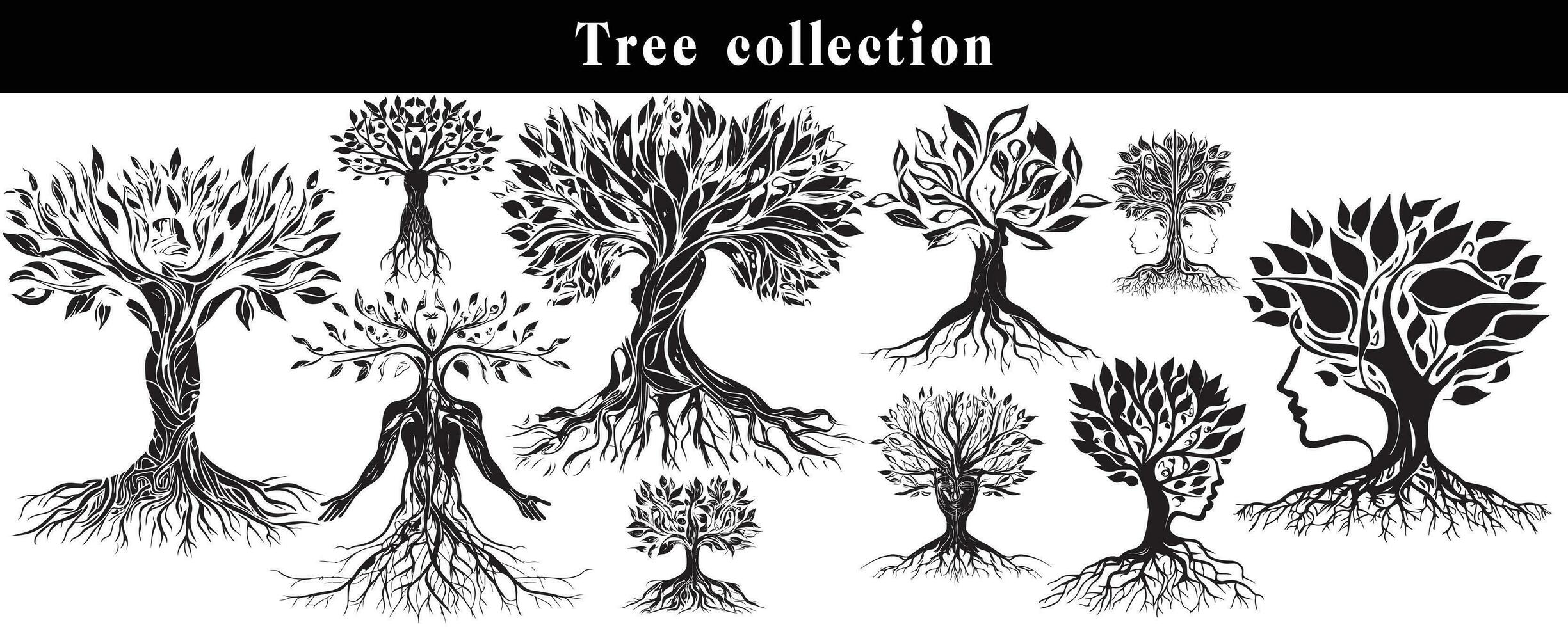 set of silhouettes of trees. black and white tree vector set. tree silhouette set on white background.