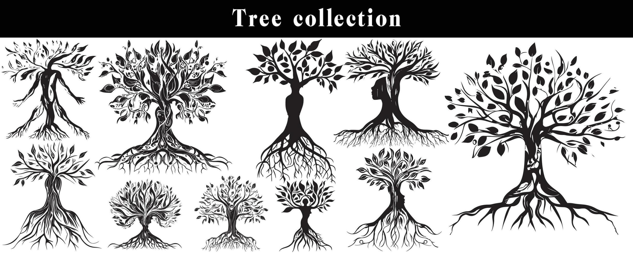 set of silhouettes of trees. black and white tree vector set. tree silhouette set on white background.