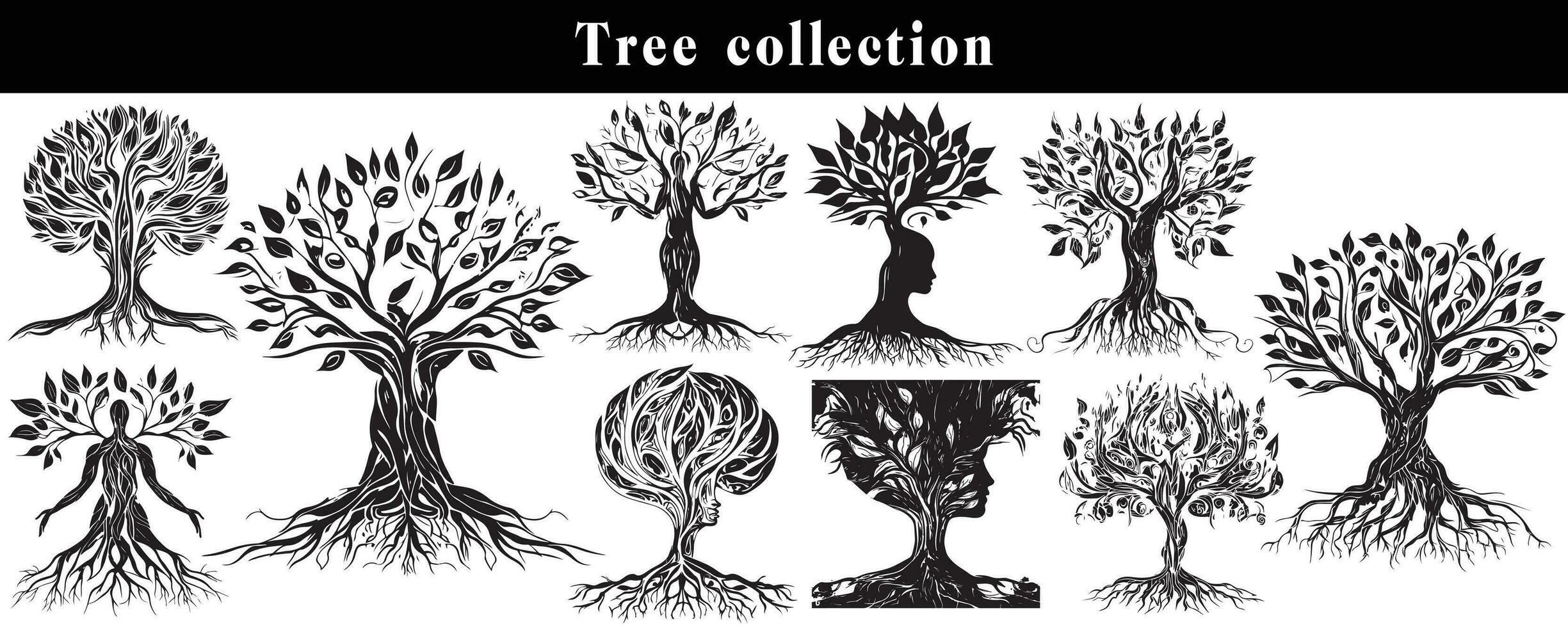 conjunto de siluetas de arboles negro y blanco árbol vector colocar. árbol silueta conjunto en blanco antecedentes.