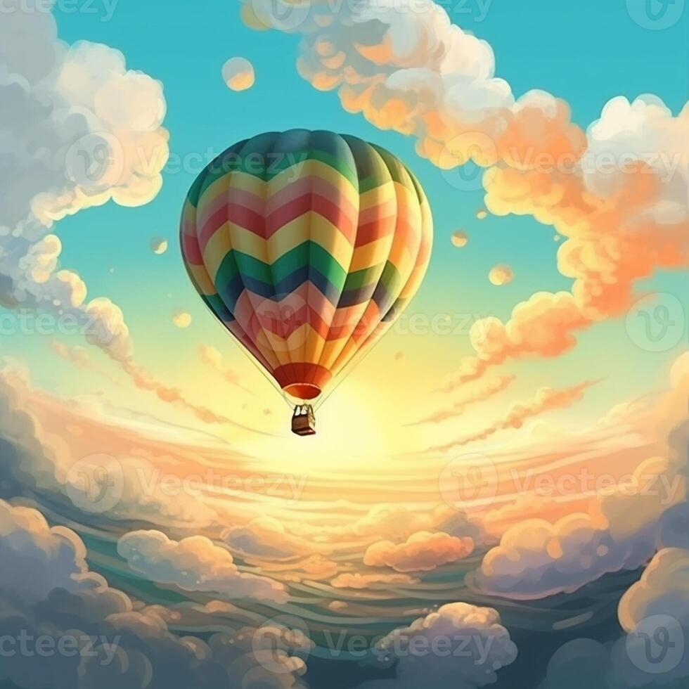 Hot air balloons flying in the blue sky. 3D illustration. photo