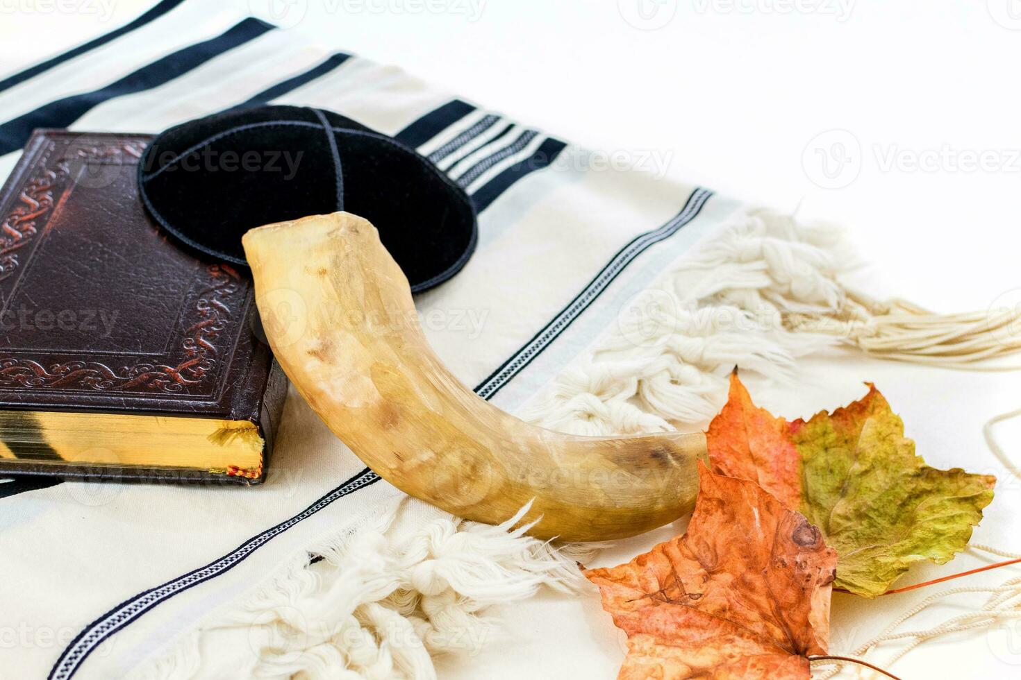 religion image of Prayer book and Shofar horn jewish religious symbols. Rosh hashanah jewish New Year holiday photo