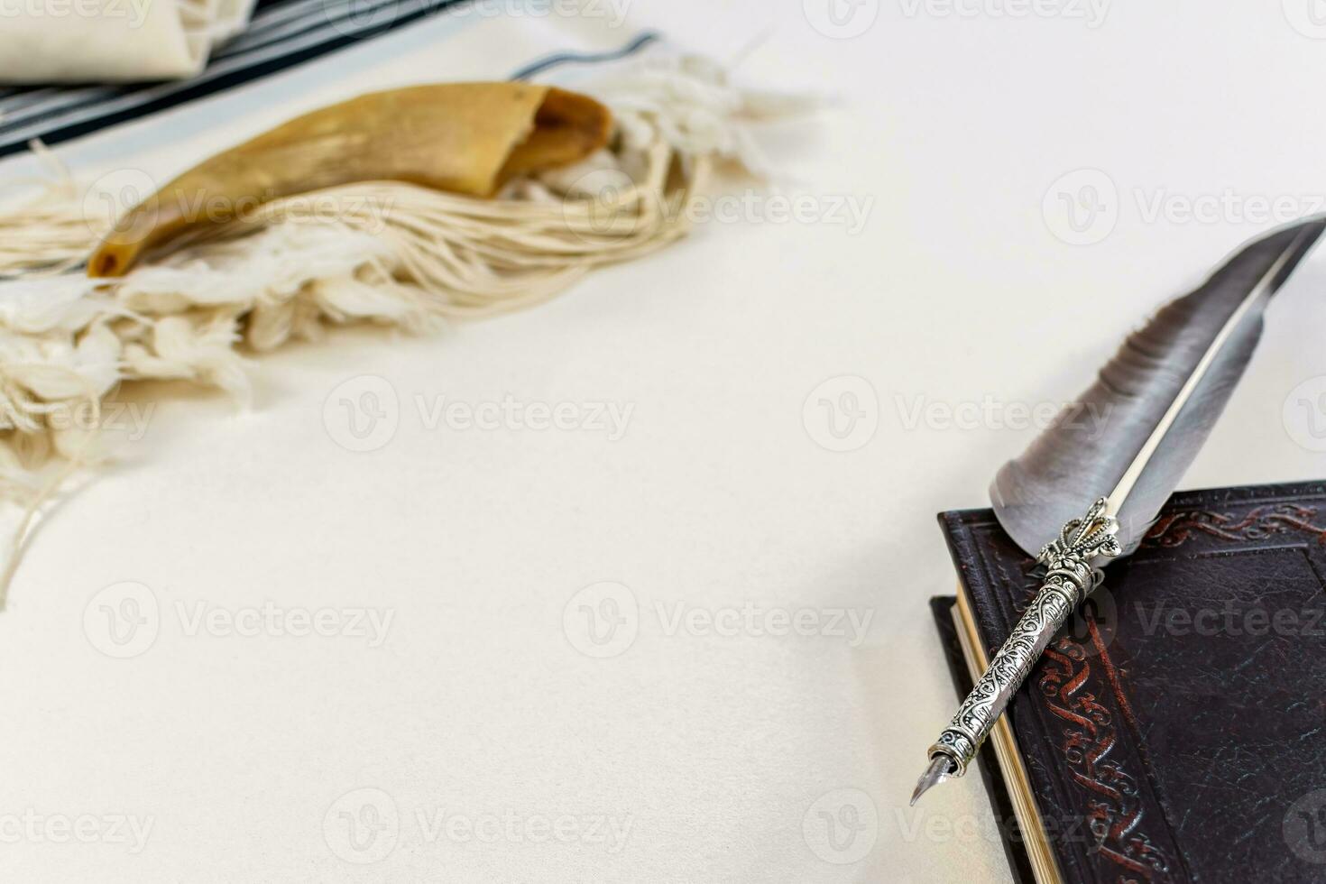 Religion image of Prayer Shawl  Tallit, Prayer book and Shofar horn jewish religious symbols. Rosh hashanah jewish New Year holiday, Yom kippur concept. photo