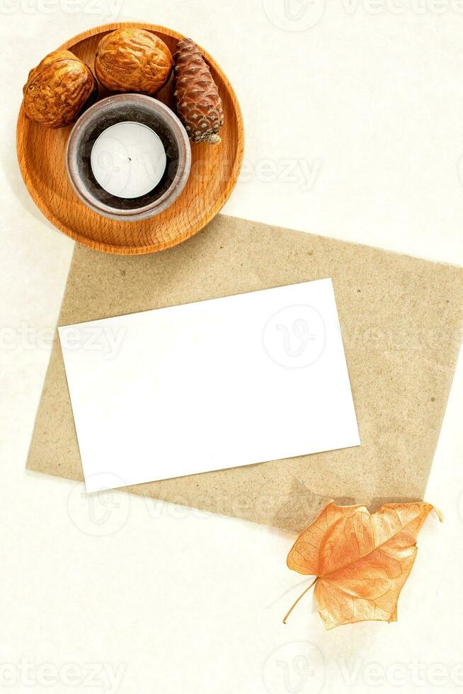 Autumn wedding invitation card mockup with copy space. photo