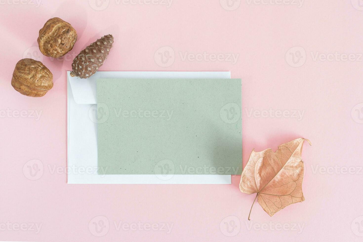 Green blank card, craft envelope and dry plant on pink background. Top view Flat lay Mockup. photo