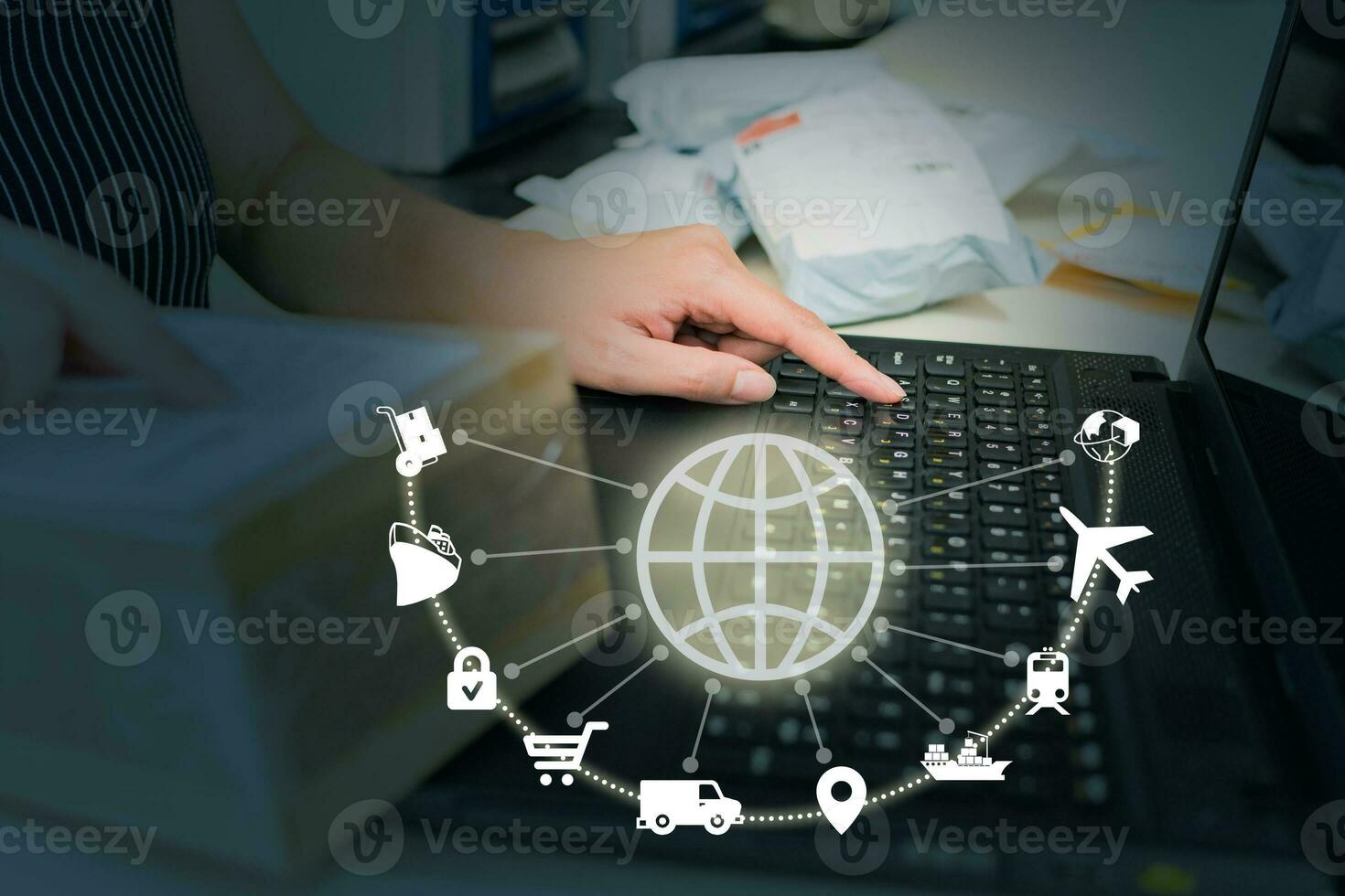 Businesswoman employing laptop for logistic network distribution and smart transportation, as well as networking intelligent logistics of container cargo ships, logistic import-export, and industry. photo