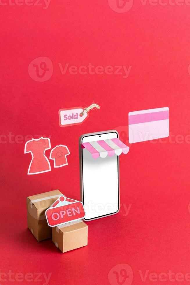 smart phone, credit card and boxes. online store and e-commerce concept. photo