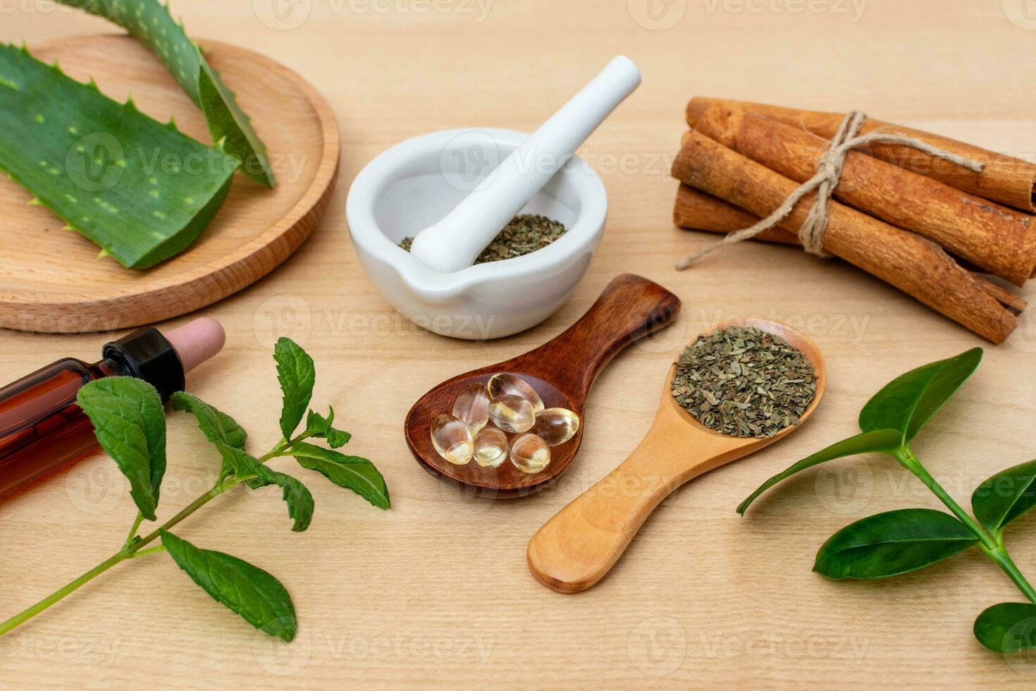 Herbal organic medicine product. natural herb essential from nature. photo