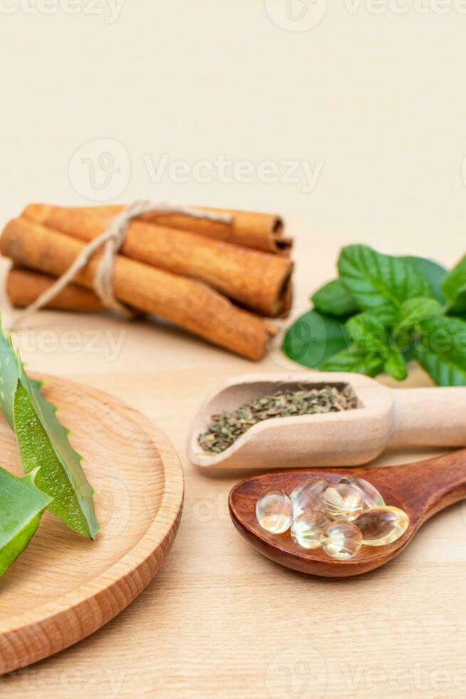 Herbal organic medicine product. natural herb essential from nature. photo