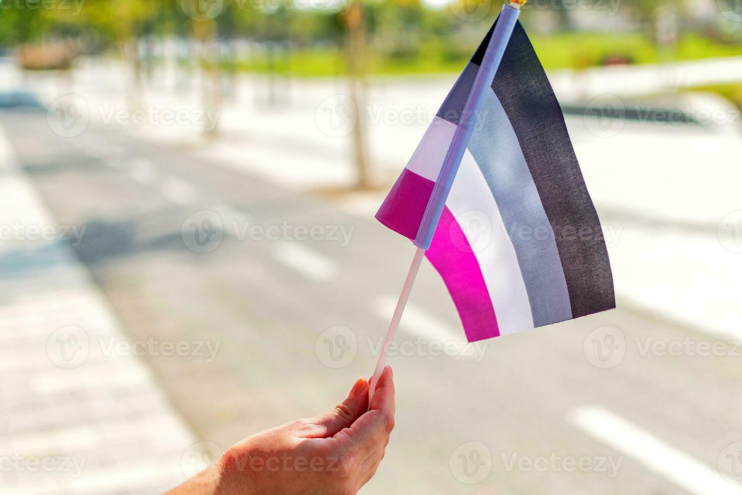 Female hand hold Asexual pride flag. photo