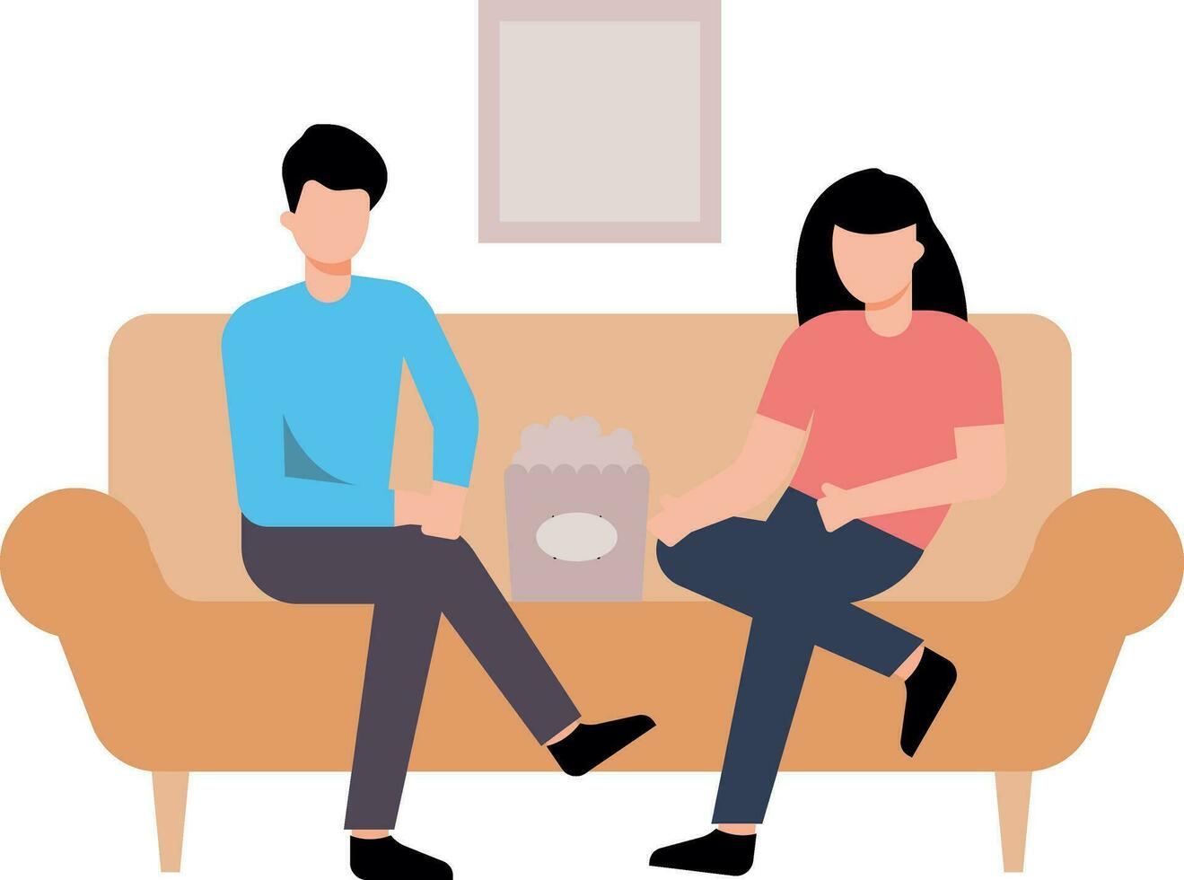 Boy and girl sitting on couch with popcorn. vector