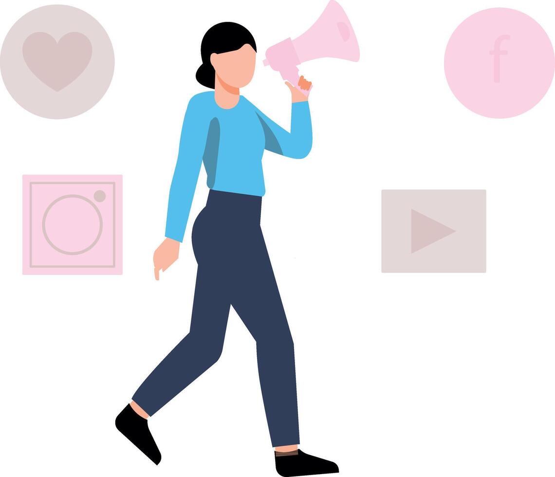 Girl with megaphone marketing on social platform. vector