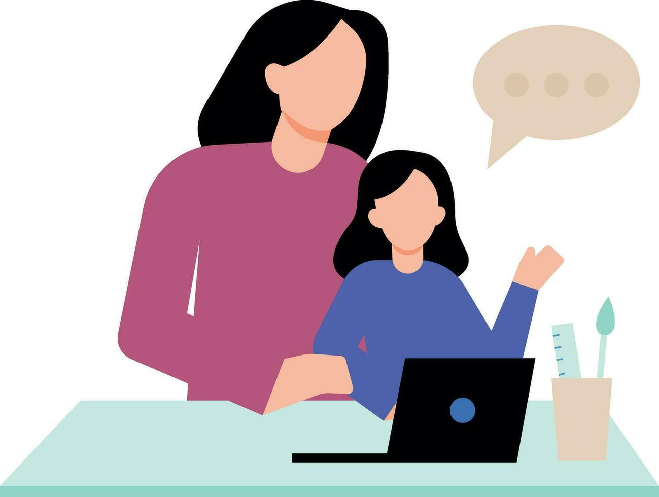 Girl working on laptop with daughter. vector