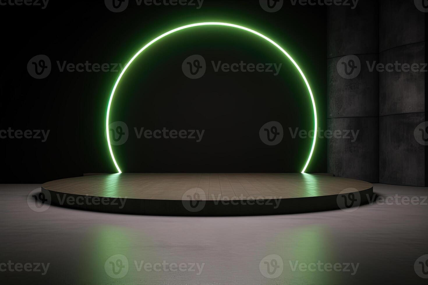 a circular platform podium with green neon light on dark background. photo