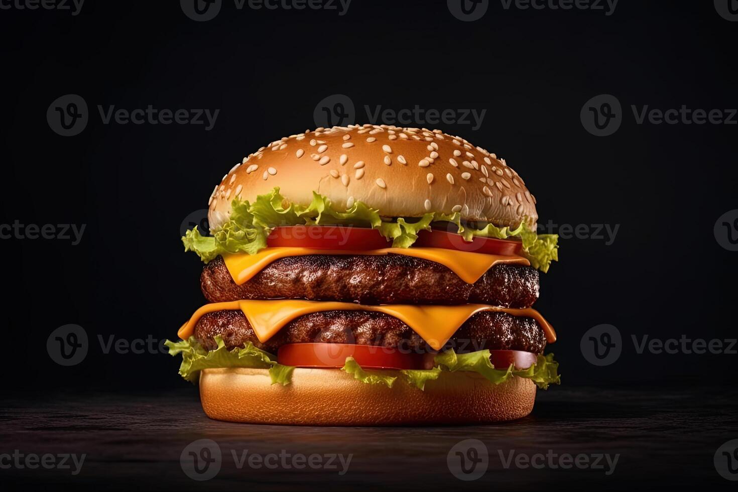 Fresco hamburguesa con queso aislado en oscuro antecedentes. ai generado foto