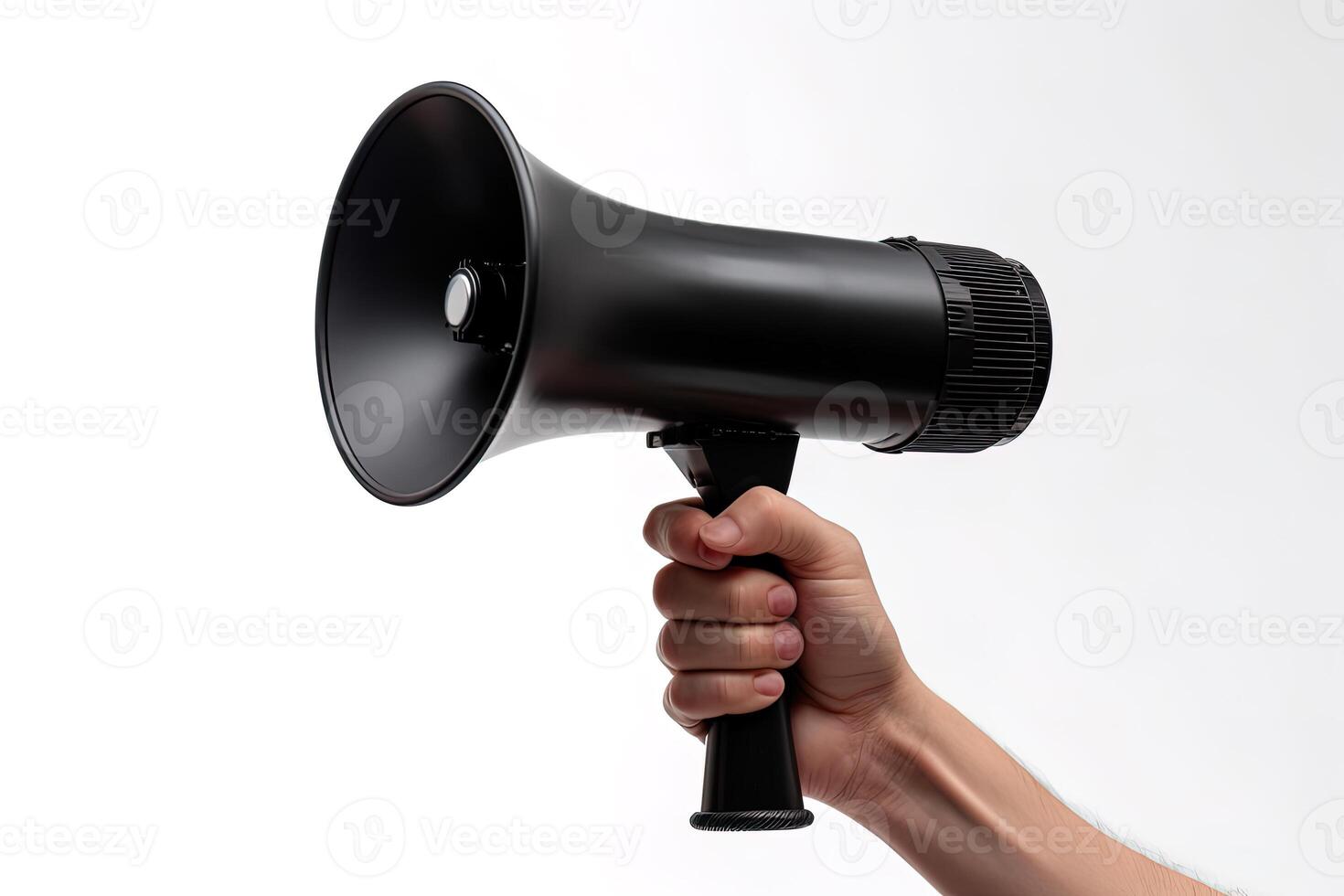 The hand holds a black megaphone on white background. Announcement concept. Shout It Out. photo