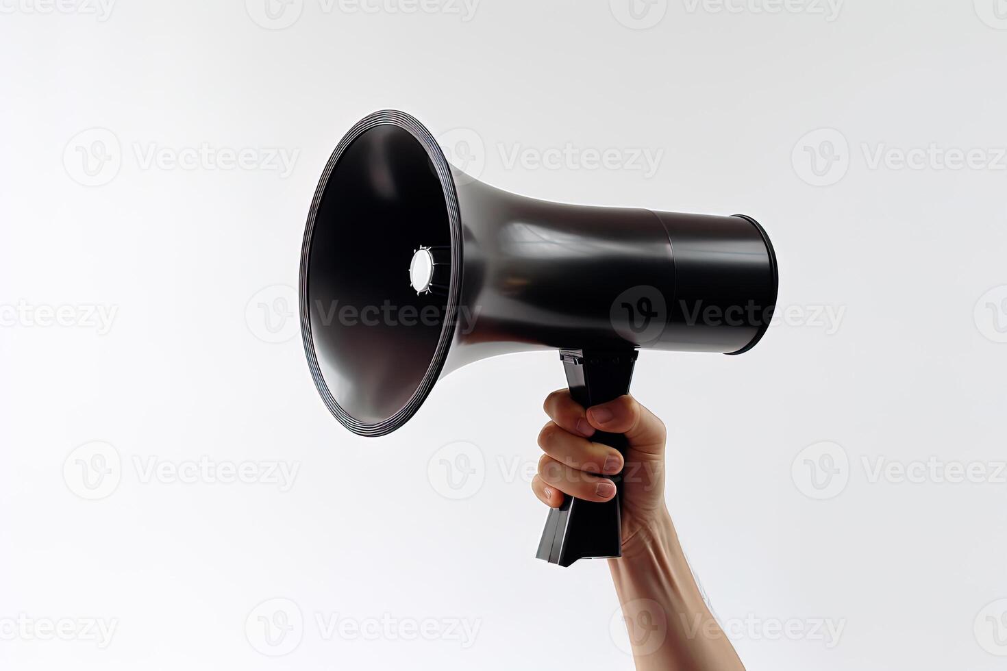 el mano sostiene un negro megáfono en blanco antecedentes. anuncio concepto. gritar eso afuera. ai generado foto