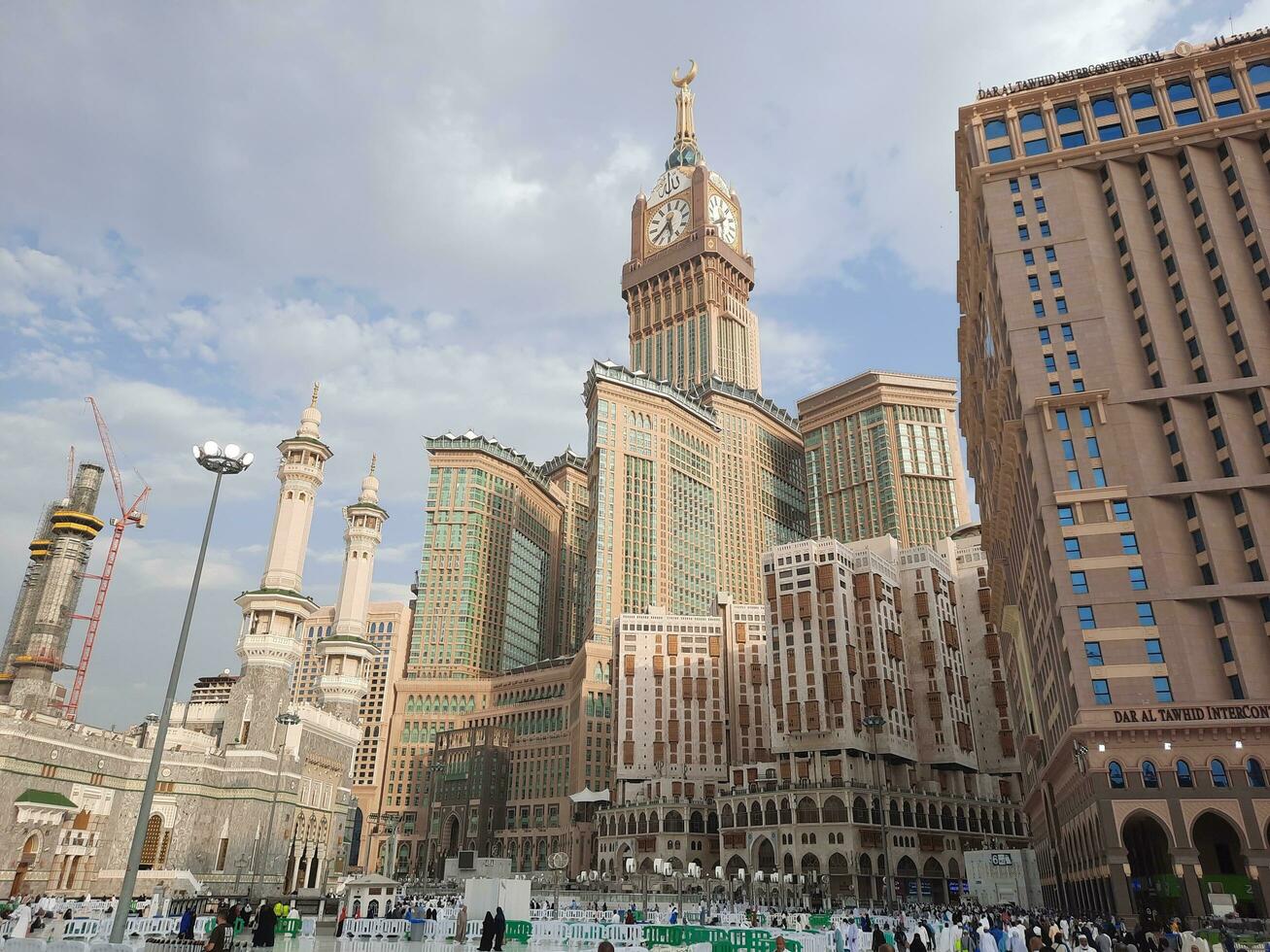 Mecca, Saudi Arabia, June 2023 - A beautiful evening view of the Mecca Clock Tower from the outer courtyard of Masjid Al Haram, Mecca. photo