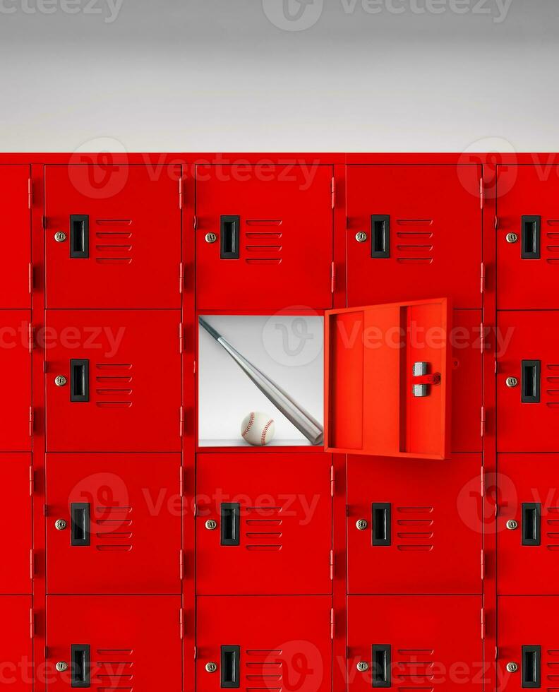 Baseball with bat inside a red locker with an open lid inside a gymnasium. photo