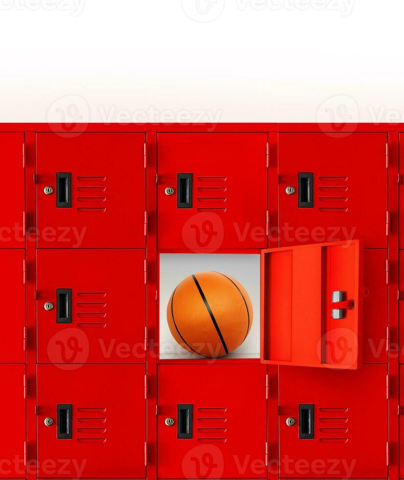 Basketball in a red locker or an open gym locker. photo