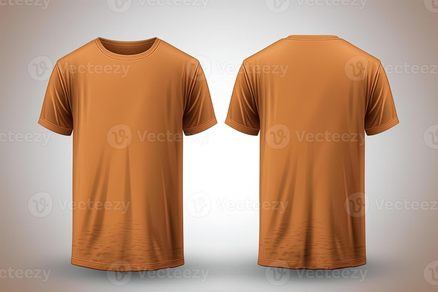 Brown male t-shirt realistic mockup set from front and back view, blank textile print design template for fashion apparel. photo