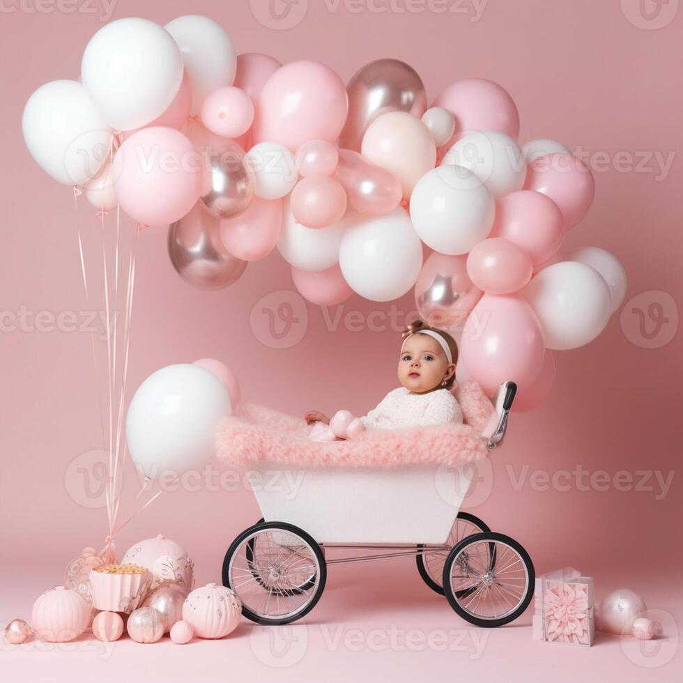 Photo a baby carriage is on a pink and white background