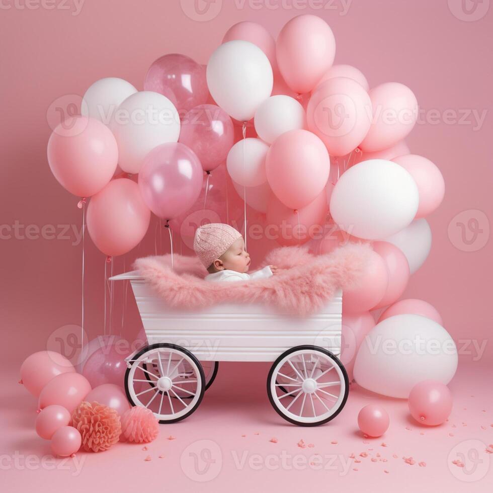 Photo a baby carriage is on a pink and white background