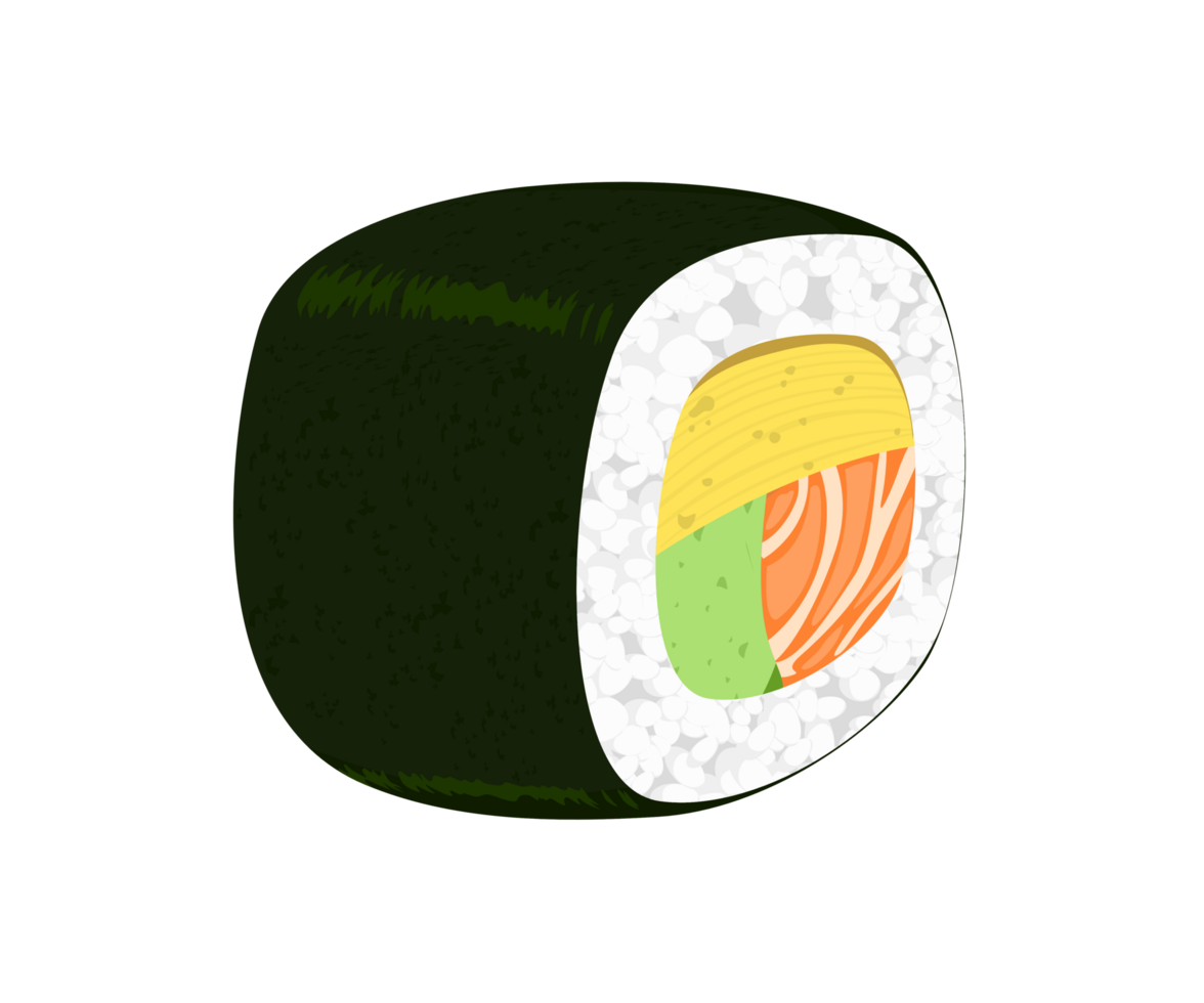 maki Sushi rodar con tortilla ,salmón,arroz,aguacate,algas popular japonés alimento. ilustración png