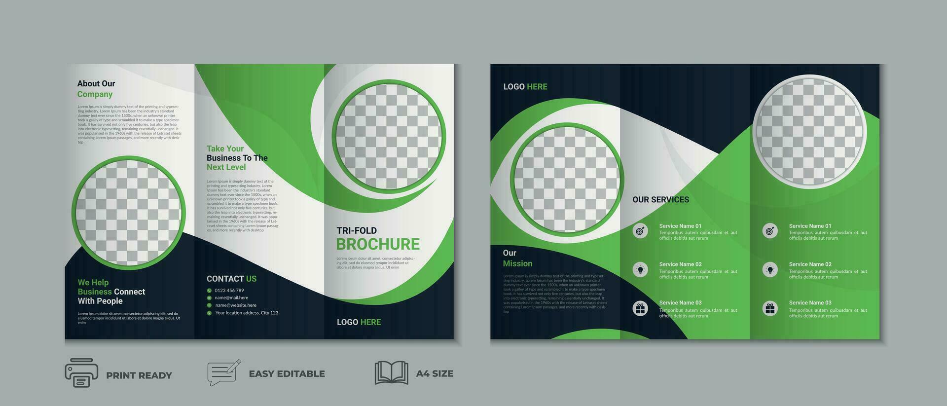 Trifold brochure template, three fold cover page, three fold brochure background layout design with mockup vector