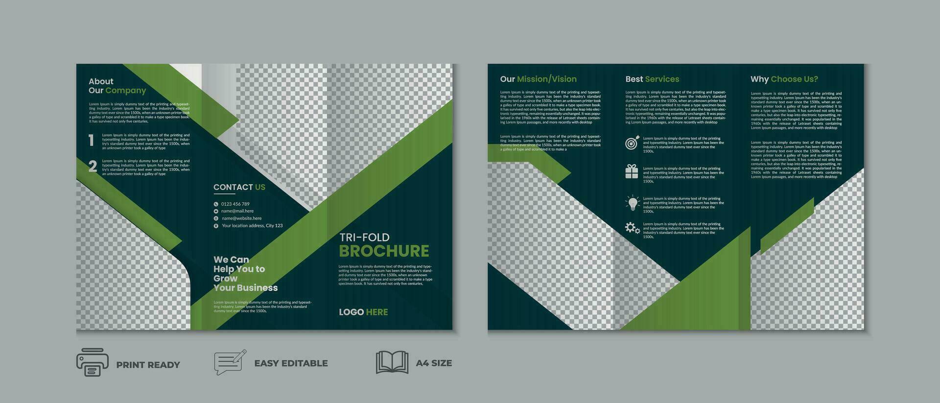 Trifold brochure template, three fold cover page, three fold brochure background layout design with mockup vector