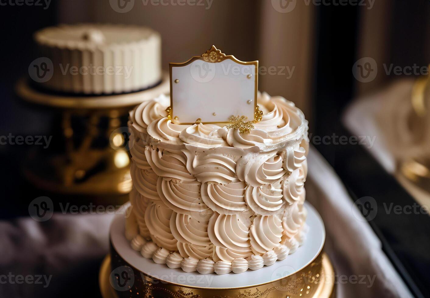 generativo ai imagen, cerca arriba lujoso cremoso pastel color pastel con hermosa decorado y blanco tarjeta en arriba, delicioso panadería, saludos, celebrar, contento cumpleaños, Felicidades, festivo foto