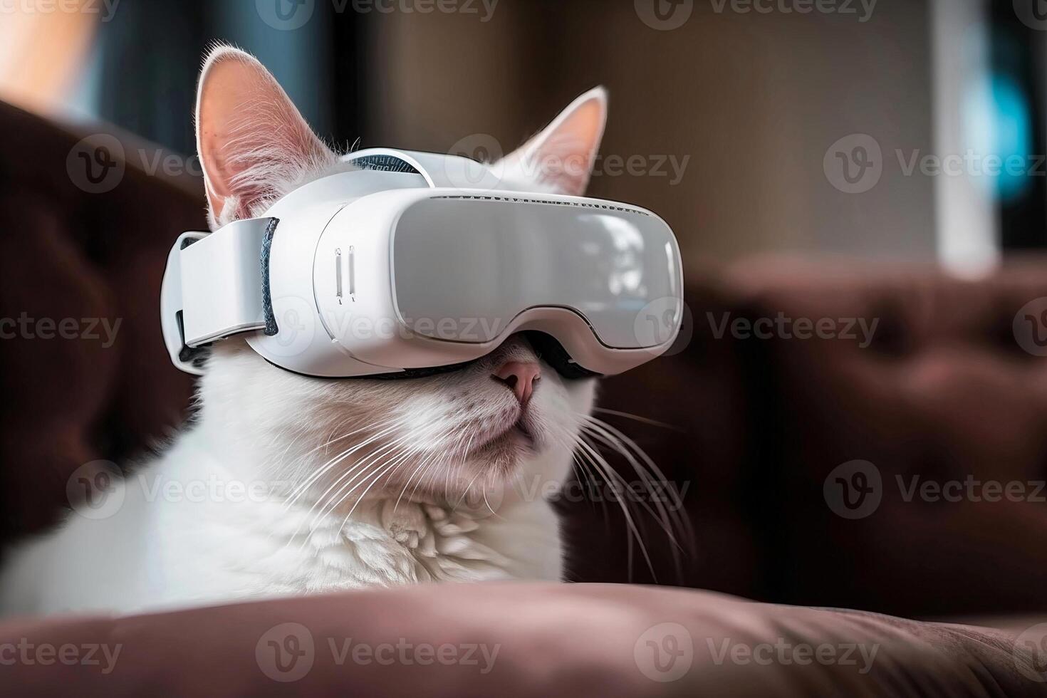 White cat wearing VR headset. portrait of cat in virtual reality