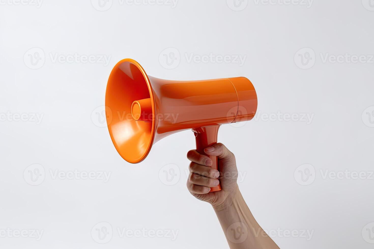 el mano sostiene un azul megáfono en un naranja antecedentes. anuncio concepto. gritar eso afuera. ai generado foto