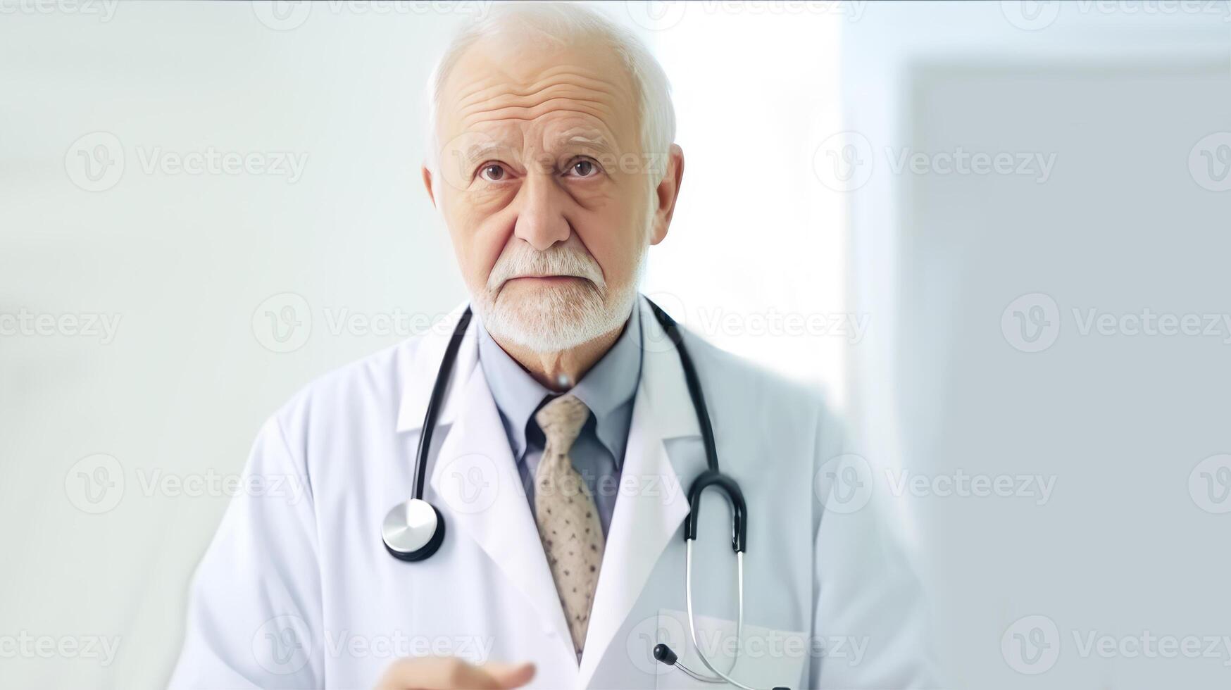 Closeup Portrait of Elderly Professional Male Doctor in Hallway of Hospital, . photo