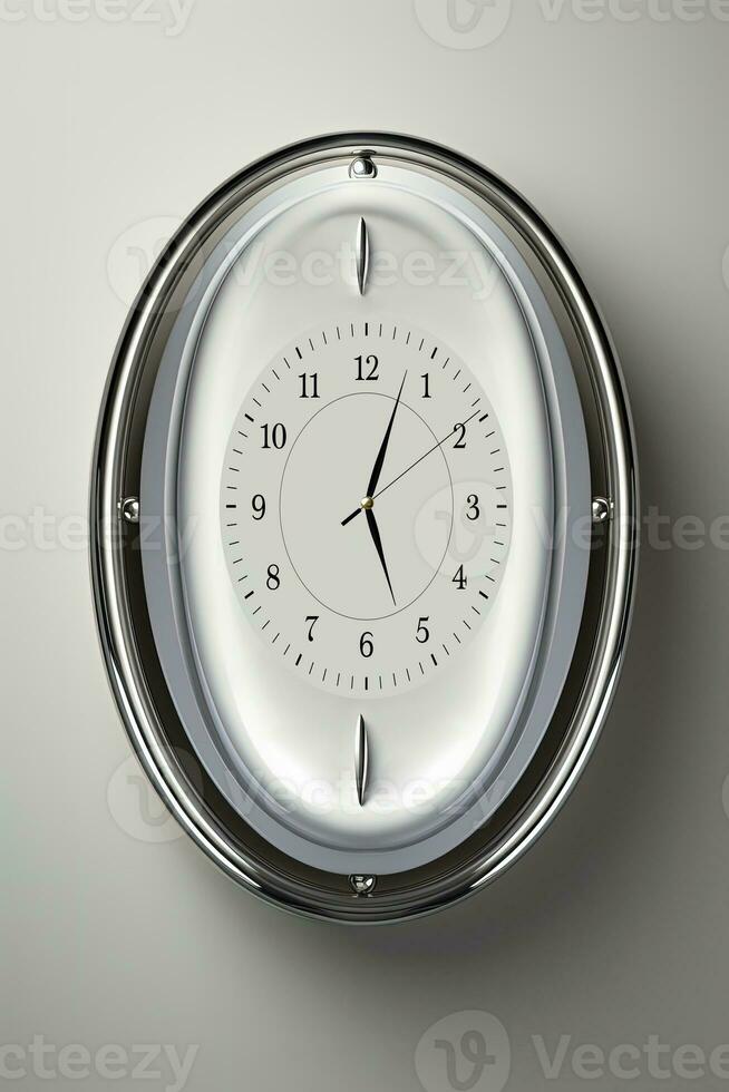 3D Render of Oval Shape Wall Clock On Gray Background. photo
