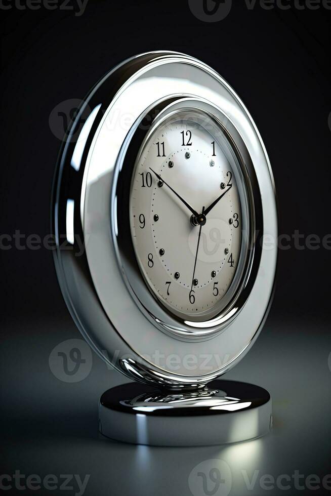 Realistic Silver Desk Clock On Black Background. photo