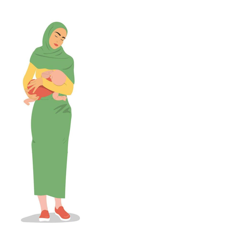 Woman in a hijab breastfeeds a baby. vector