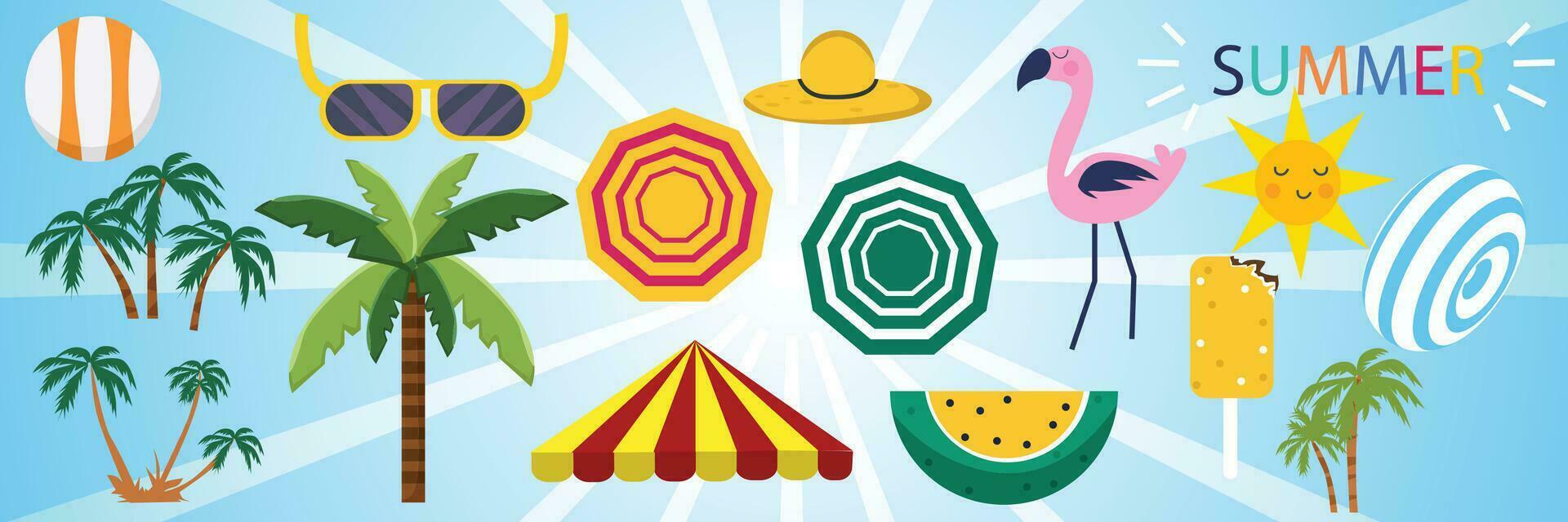 conjunto de linda verano íconos alimento, beber, palma hoja, frutas y flamenco. soleado verano póster vector