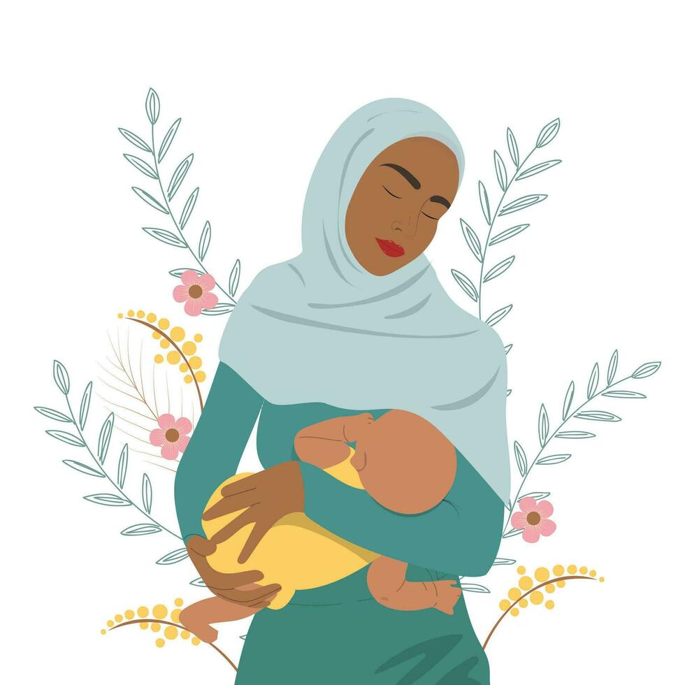 Muslim woman breastfeeds a baby. vector