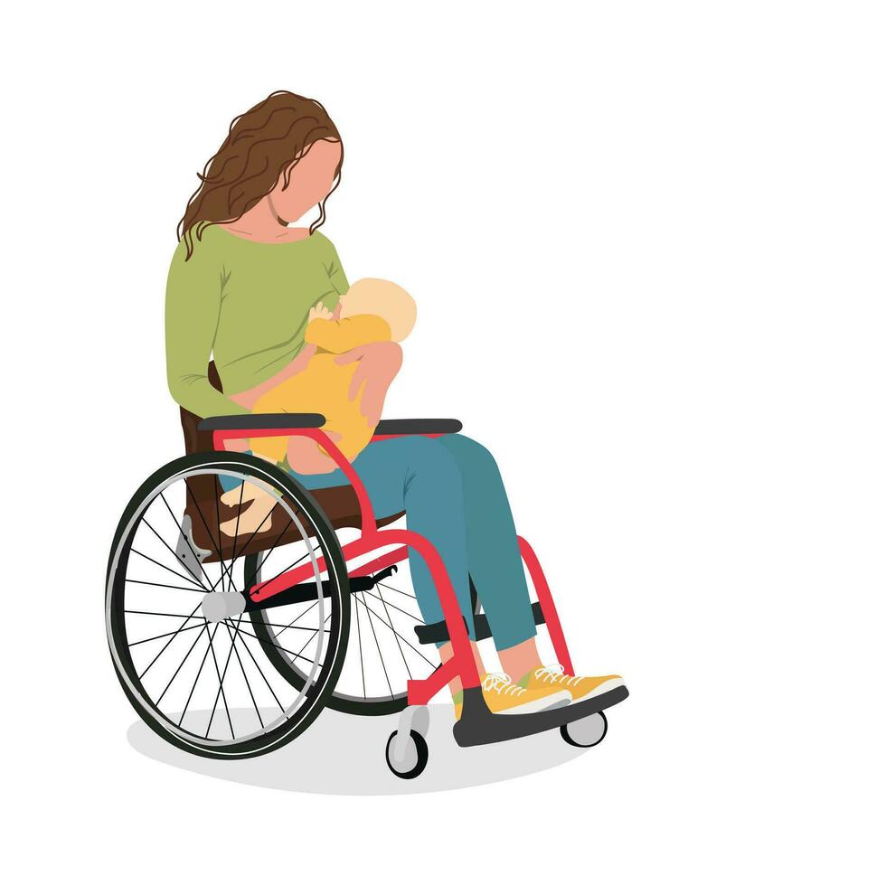 joven mujer en silla de ruedas amamantamiento bebé vector