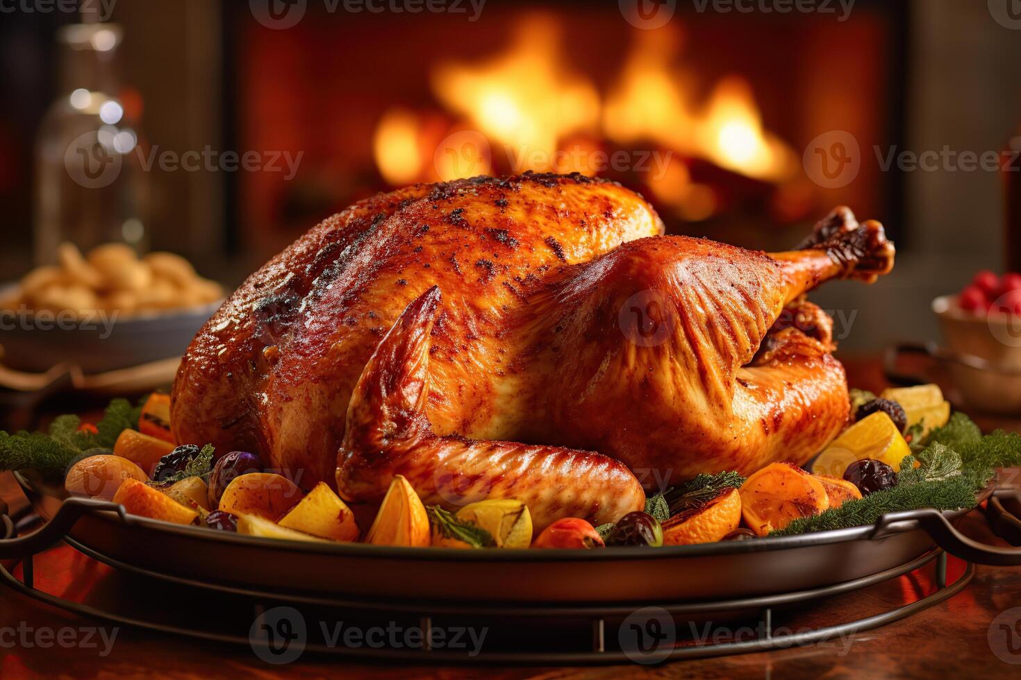 Roast turkey in the foreground on a festive table. photo